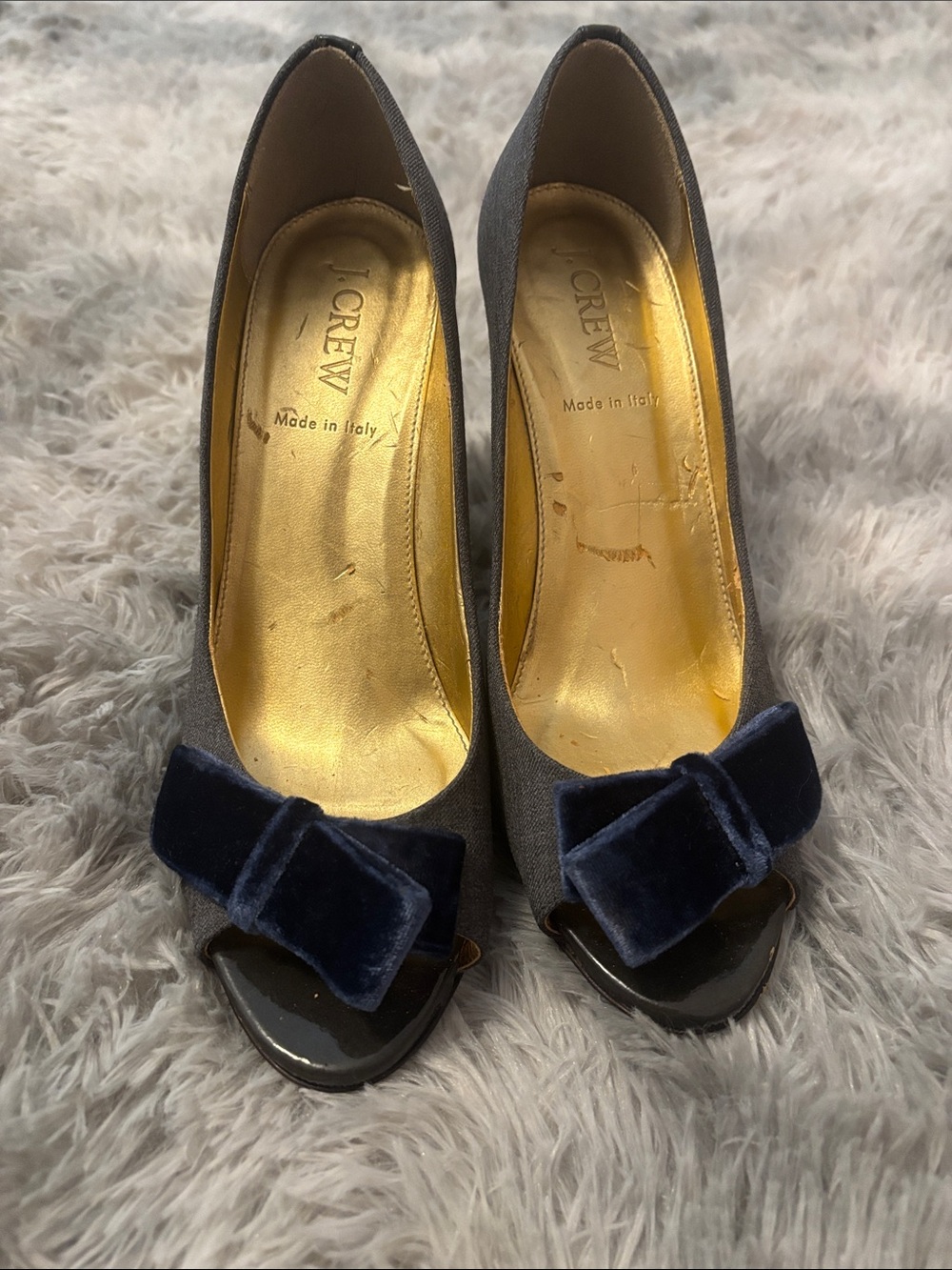J. Crew Navy Velvet Bow Peep-Toe Heels with Gold Insole
